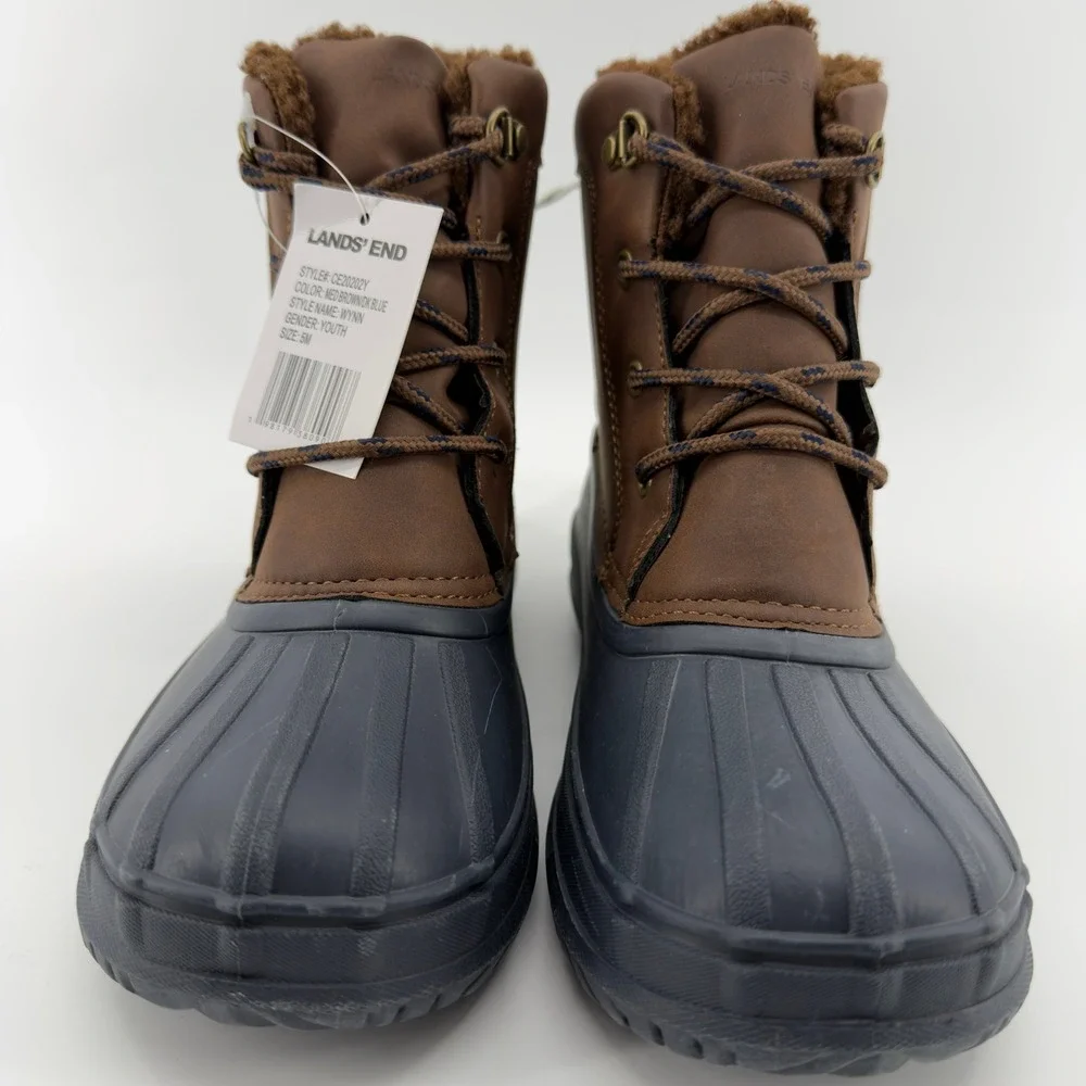NEW Lands End Wynn Youth Duck Boots‎ Brown Navy Blue Insulated Size 5M